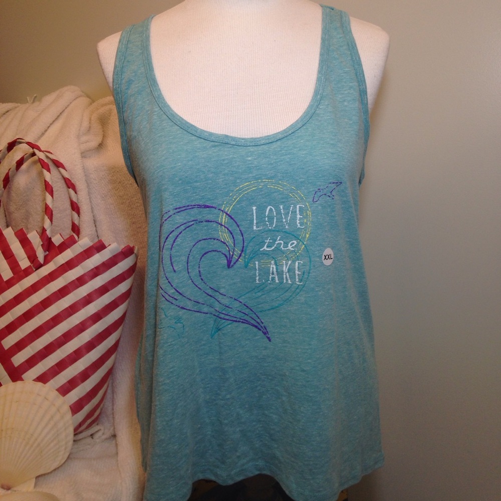 NEW Womens Racer Back Tank Top Lake Waves Teal Graphic Love Beach Hi Low Hem Med